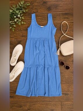 nlt Blue Ribbed Tiered Midi Dress Small | Scoop Neck Flowy Casual Summer Dress